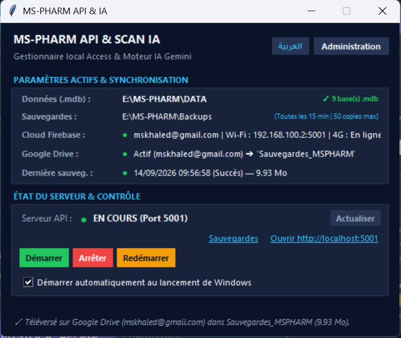 Tableau de bord MS-PHARM API & SCAN IA
